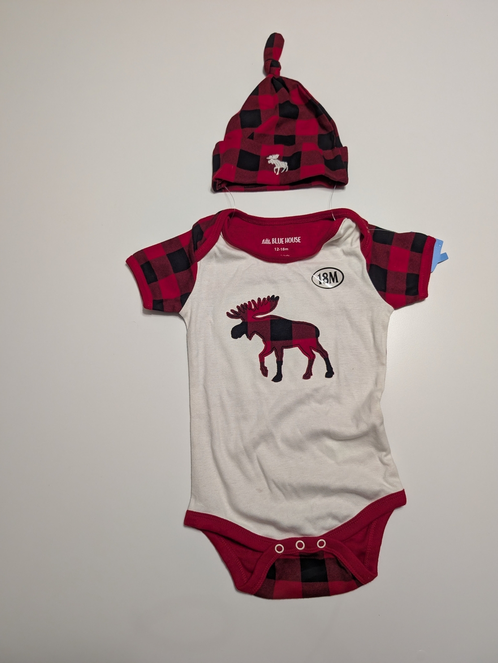 Little Blue House Moose Buffalo Plaid Baby Onesie & Hat Holliday Christmas Set
